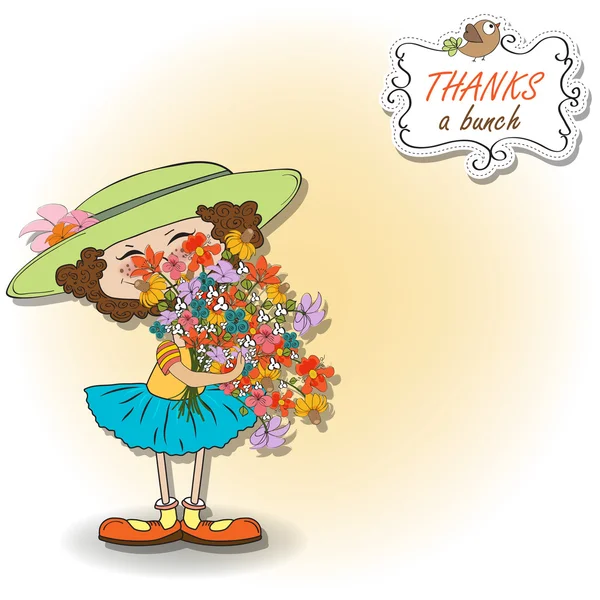 Menina engraçada com um monte de flores — Fotografia de Stock