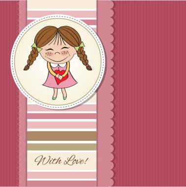 Funny girl with hearts. Doodle cartoon character Illustration.