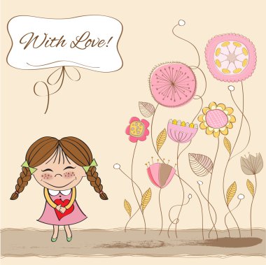 Funny girl with hearts. Doodle cartoon character Illustration.