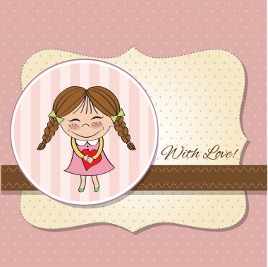 Funny girl with hearts. Doodle cartoon character Illustration.