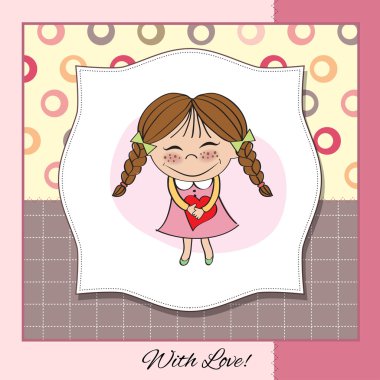 Funny girl with hearts. Doodle cartoon character Illustration.