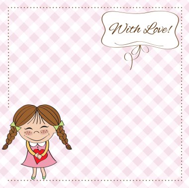 Funny girl with hearts. Doodle cartoon character Illustration.