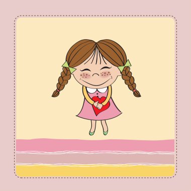 Funny girl with hearts. Doodle cartoon character Illustration.