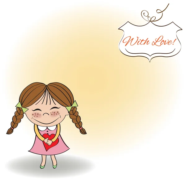 Funny girl with hearts. Doodle cartoon character Illustration. — ストック写真