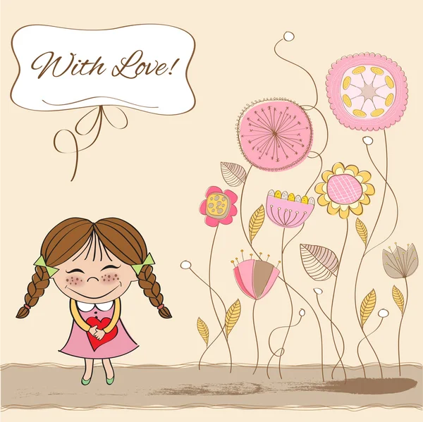 Funny girl with hearts. Doodle cartoon character Illustration. — Stockfoto