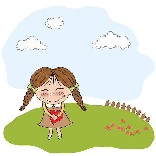Funny girl with hearts. Doodle cartoon character Illustration. — Stockfoto