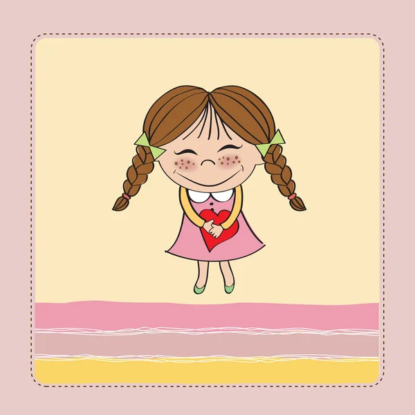 Funny girl with hearts. Doodle cartoon character Illustration. — ストック写真