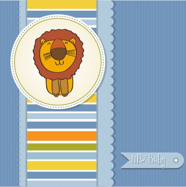 Childish baby shower card with cartoon lion clipart