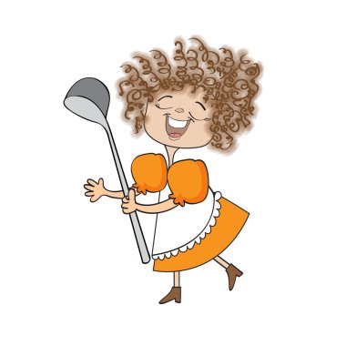 Wifehouse with big ladle. Comic cartoon clipart