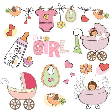 Baby girl shower elements set isolated on white background clipart