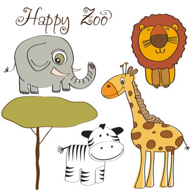  illustration of cute wild animal set including giraffe, zebra, lion and elephant clipart