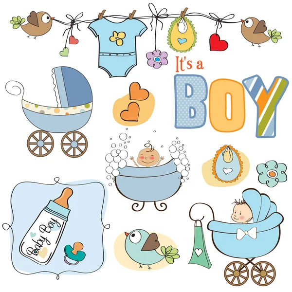 Baby jongen douche elementen instellen geïsoleerd op witte achtergrond — Stockfoto