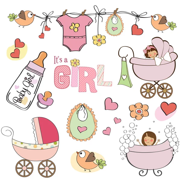 Baby meisje douche elementen set geïsoleerd op witte achtergrond — Stockfoto