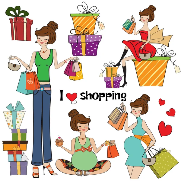 Girls at shopping items set on white background — Stock Photo, Image