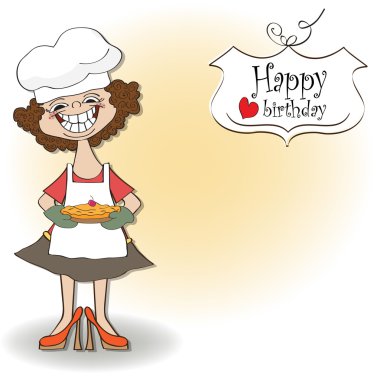 Komik kadın ve pastayla dolu doğum günü tebrik kartı.