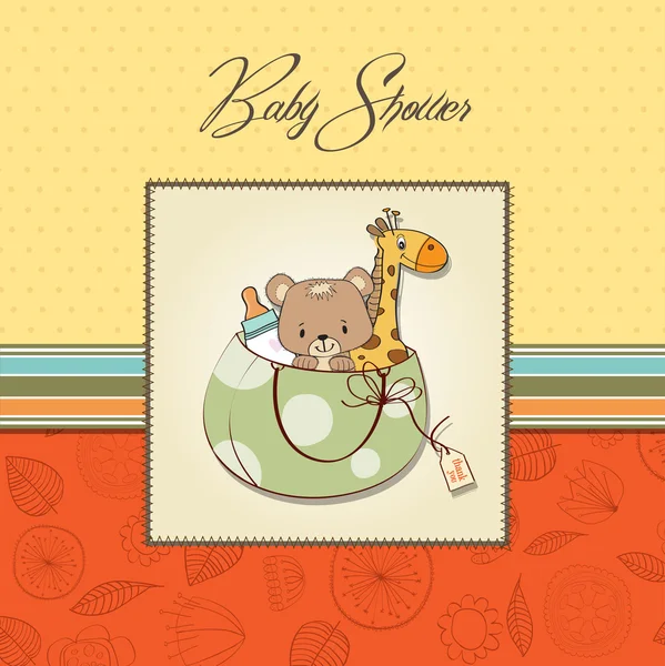 Novo cartão de anúncio do bebê com saco e mesmos brinquedos — Fotografia de Stock