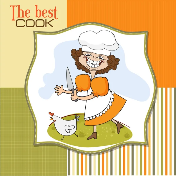 Najlepszy certyfikat kucharza z zabawnym kucharzem, który prowadzi kurczaka — Zdjęcie stockowe