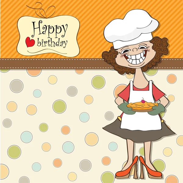 Birthday greeting card with funny woman and pie — Stock Photo, Image