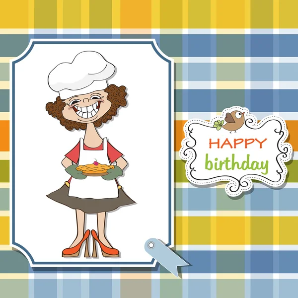 Geburtstagsgrußkarte mit lustiger Frau und Kuchen — Stockfoto
