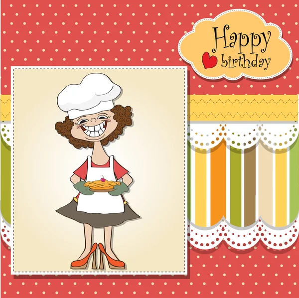 Kartka urodzinowa z zabawną kobietą i ciastem — Zdjęcie stockowe