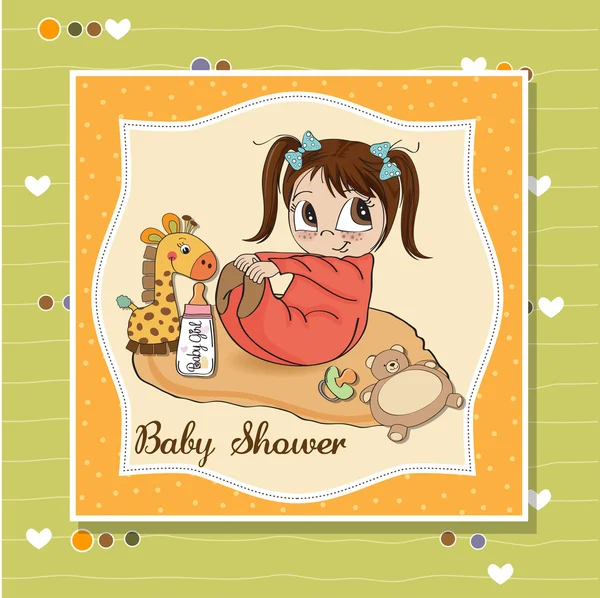 Liten flicka spelar med sin leksak baby dusch-kort — Stockfoto