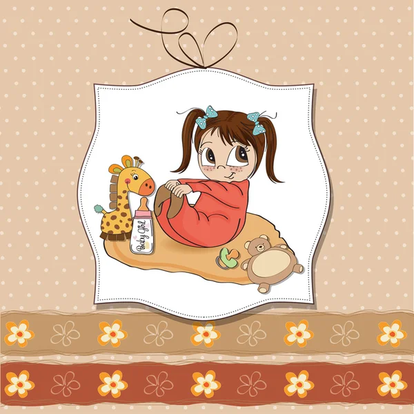 Kleines Baby-Mädchen spielt mit ihrer Spielzeug-Babyduschkarte — Stockfoto