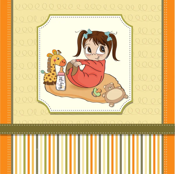 Little baby girl play with her toy baby shower card — Stock Photo, Image
