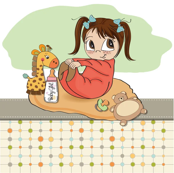 Liten flicka spelar med sin leksak baby dusch-kort — Stockfoto