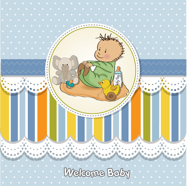 Little baby boy play with his toy baby shower card