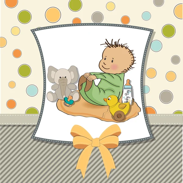 Pequeño bebé niño jugar con su juguete bebé ducha tarjeta —  Fotos de Stock