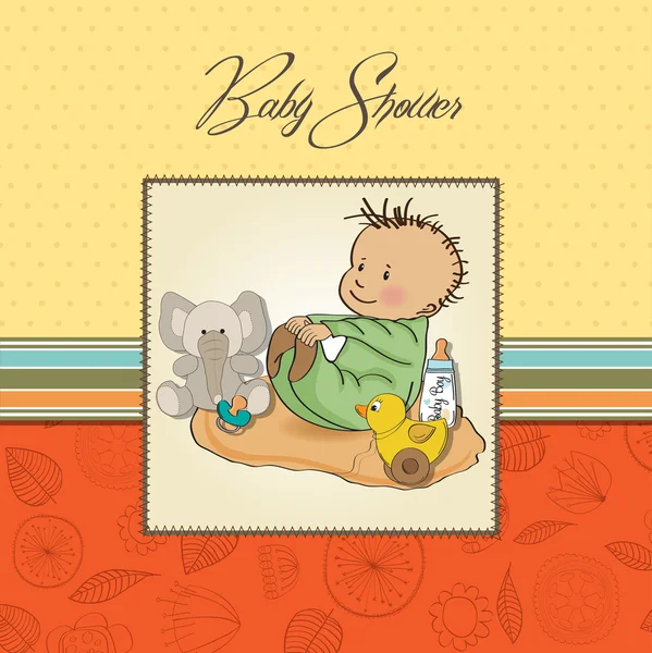 작은 사내 아이 그의 장난감 아기 샤워 카드 놀이 — 스톡 사진