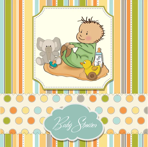 Pequeño bebé niño jugar con su juguete bebé ducha tarjeta —  Fotos de Stock