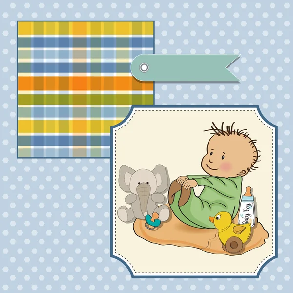 Little baby boy play with his toy baby shower card — Stock Photo, Image