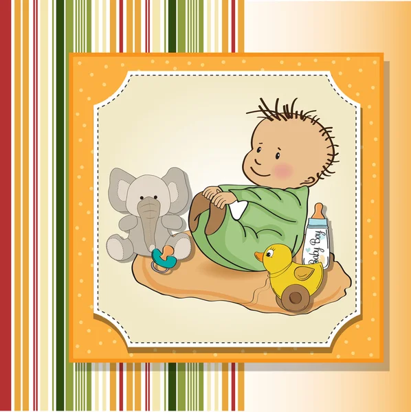 Little baby boy play with his toy baby shower card — Stock Photo, Image