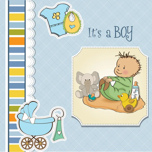 Kleiner Junge spielt mit seiner Spielzeug-Babyduschkarte — Stockfoto