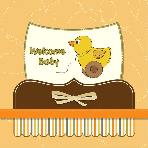Tarjeta de bienvenida del bebé con el juguete del pato — Foto de Stock
