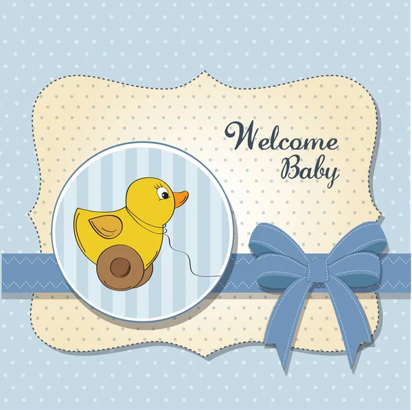 Tarjeta de bienvenida del bebé con el juguete del pato — Foto de Stock