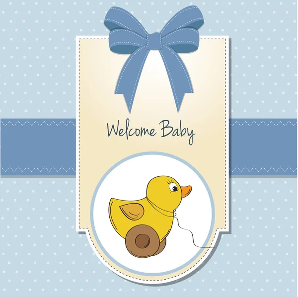 Tarjeta de bienvenida del bebé con el juguete del pato —  Fotos de Stock