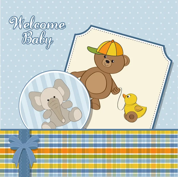 Niedliche Grußkarte mit Jungen-Teddybär — Stockfoto