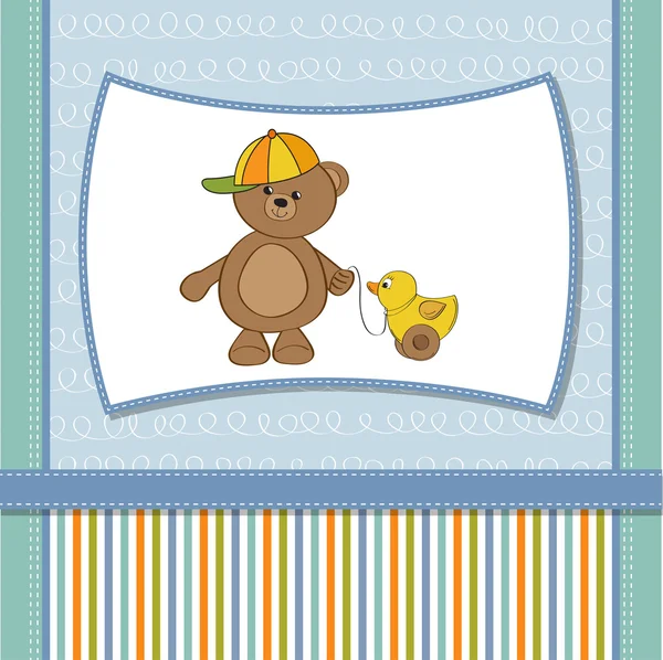 Linda tarjeta de felicitación con niño osito de peluche —  Fotos de Stock