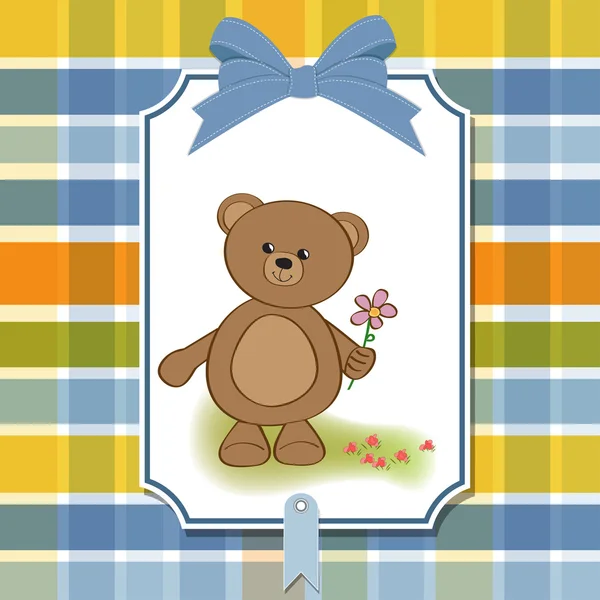 Настраиваемая поздравительная открытка с плюшевым мишкой и цветком — стоковое фото