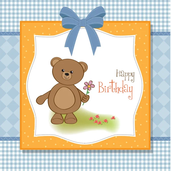 Настроювана щаслива листівка на день народження з плюшевим ведмедем і квіткою — стокове фото