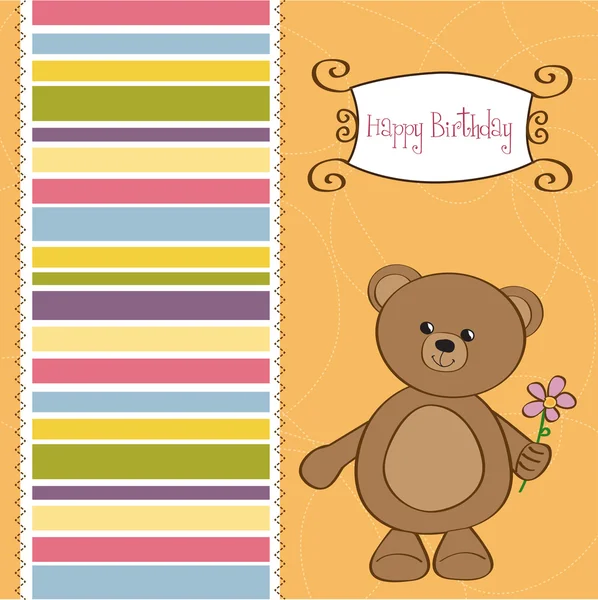 可自定义的生日快乐卡与泰迪熊和花 — 图库照片