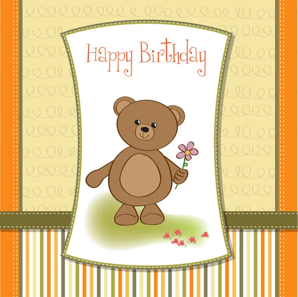 Aanpasbare gelukkige verjaardagskaart met teddybeer en bloem — Stockfoto