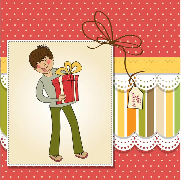 Greeting card with man and gift — Stock Photo, Image