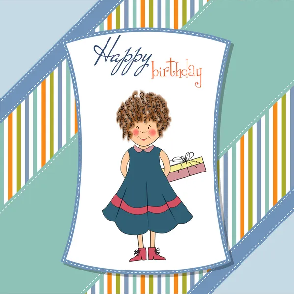 Girl with gift on Birthday card — Stock Photo, Image