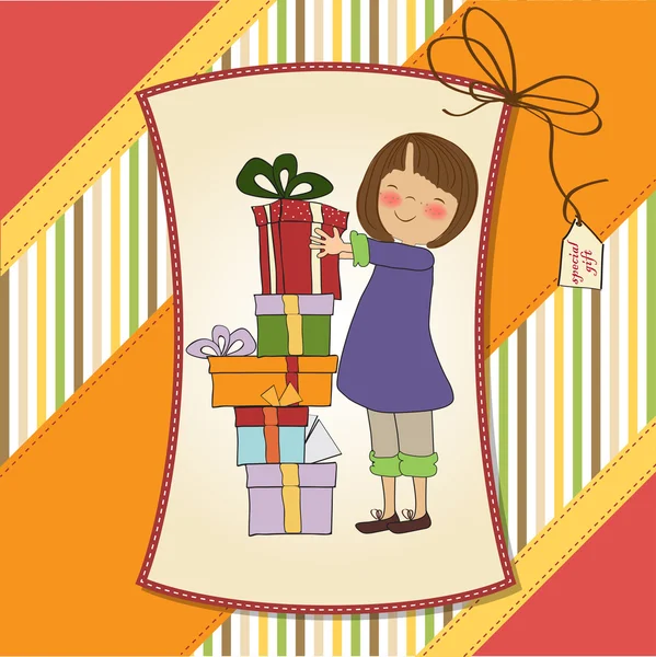 Nettes kleines Mädchen versteckt sich hinter Schachteln voller Geschenke. — Stockfoto