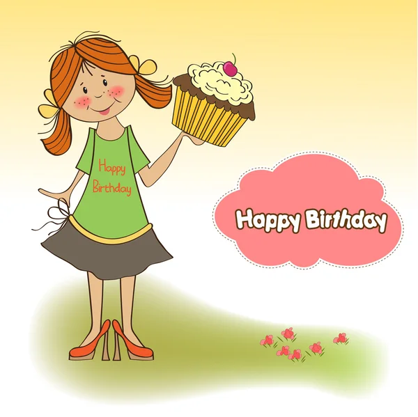 生日贺卡，有女孩和大杯蛋糕 — 图库照片
