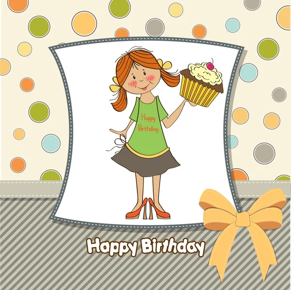 Geburtstagsgrußkarte mit Mädchen und großem Cupcake — Stockfoto