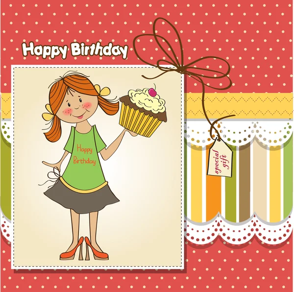 Cartão de aniversário com menina e grande cupcake — Fotografia de Stock